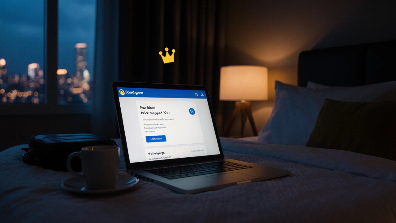 Cozy hotel room at night with phone showing price drop notification and Genius badge.