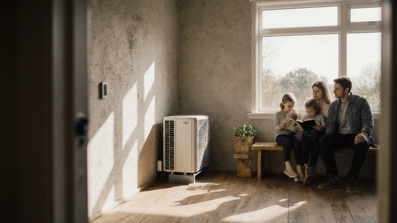 Cozy interior of a sustainable home with natural light, reclaimed wood, and family relaxing near a window.