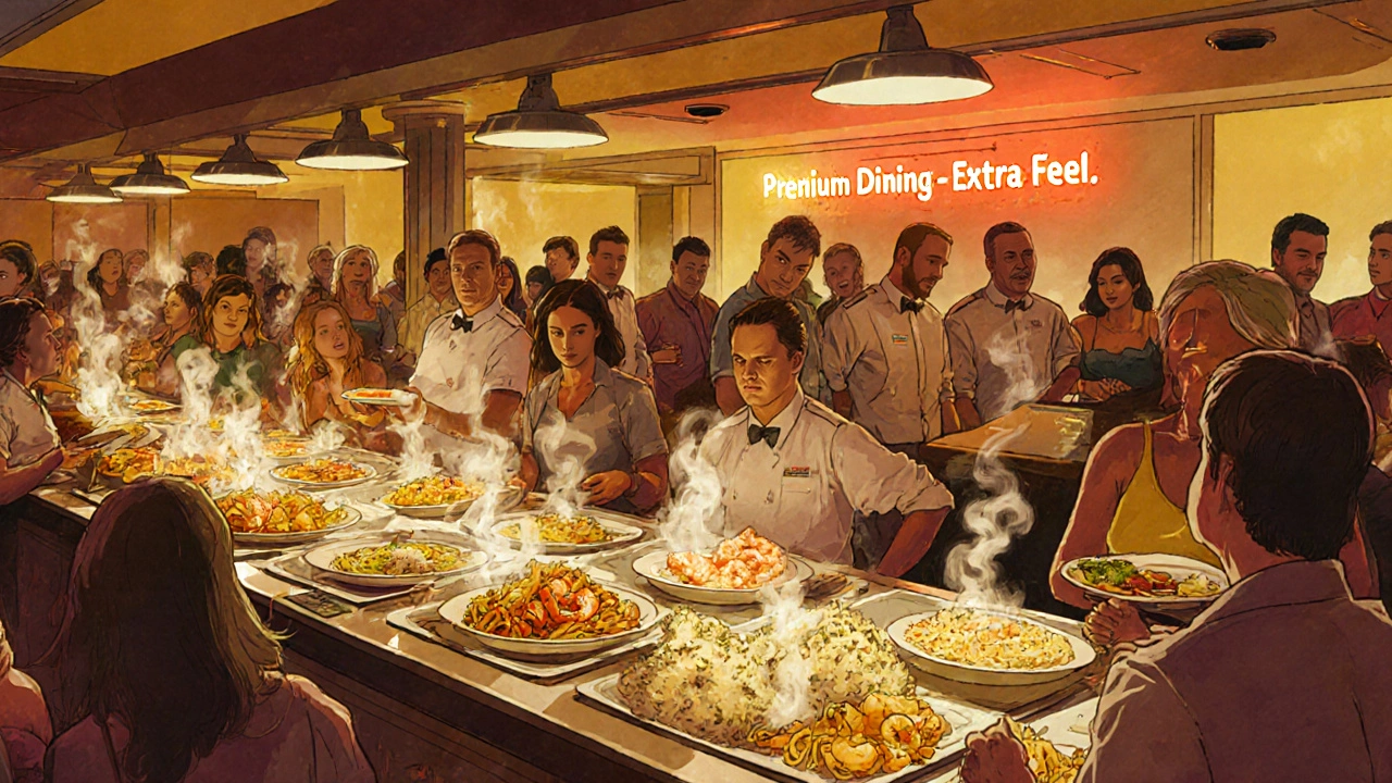 Crowded buffet with repetitive food dishes, guests looking disinterested under artificial lighting.
