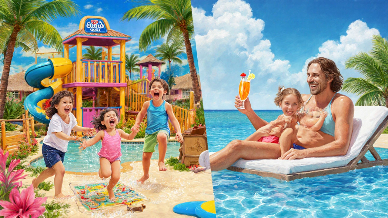 Family enjoying a Club Med resort with children playing on a water slide and parents relaxing by the pool.