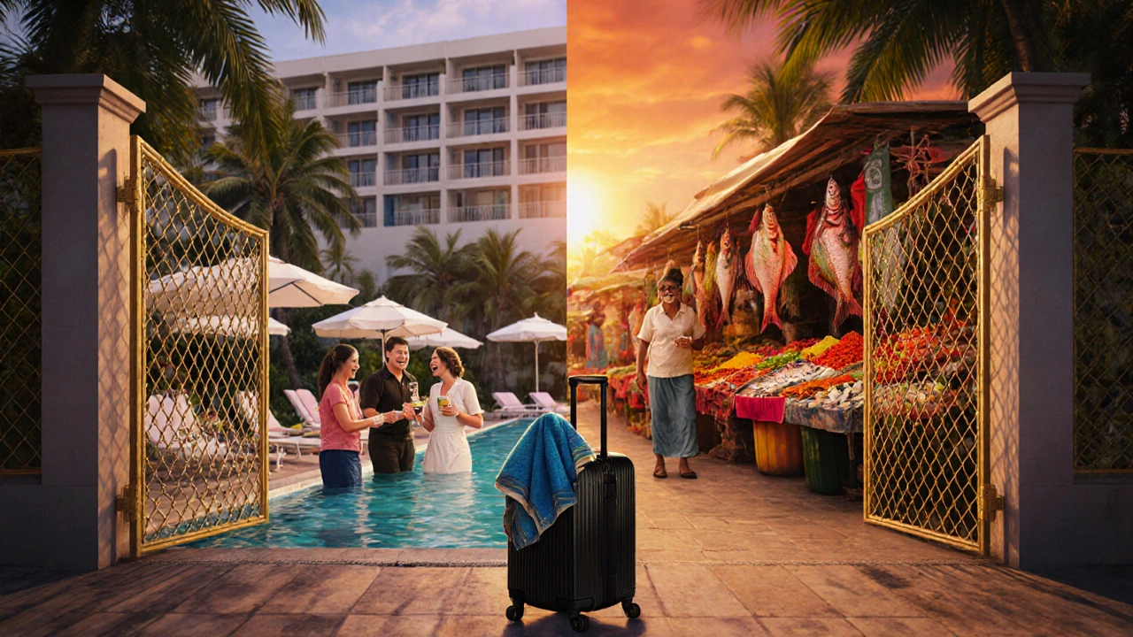 Golden fence divides a sterile resort interior from a vibrant local market outside, symbolizing trapped vacationers.