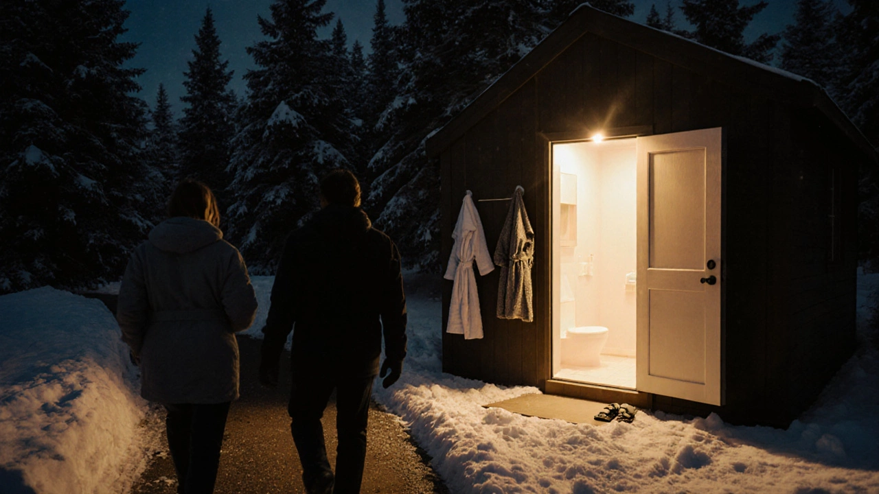 Guests walking at night to a heated shared bathroom building in a glamping site.