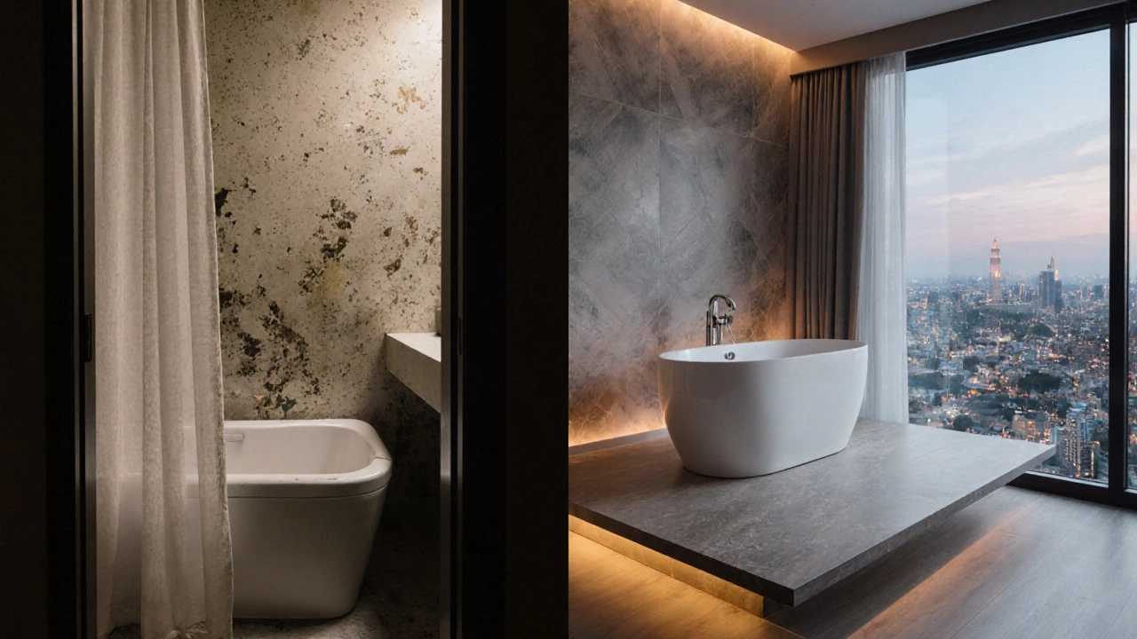 Side-by-side comparison of a cramped tub in a basic room versus a spacious spa suite with balcony view.