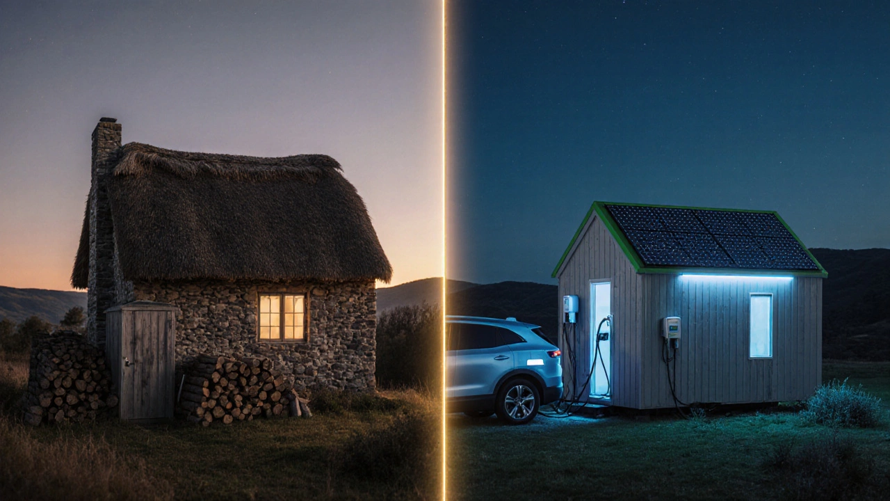 Side-by-side comparison of a rustic cottage and a sleek tiny home on the same land at twilight.