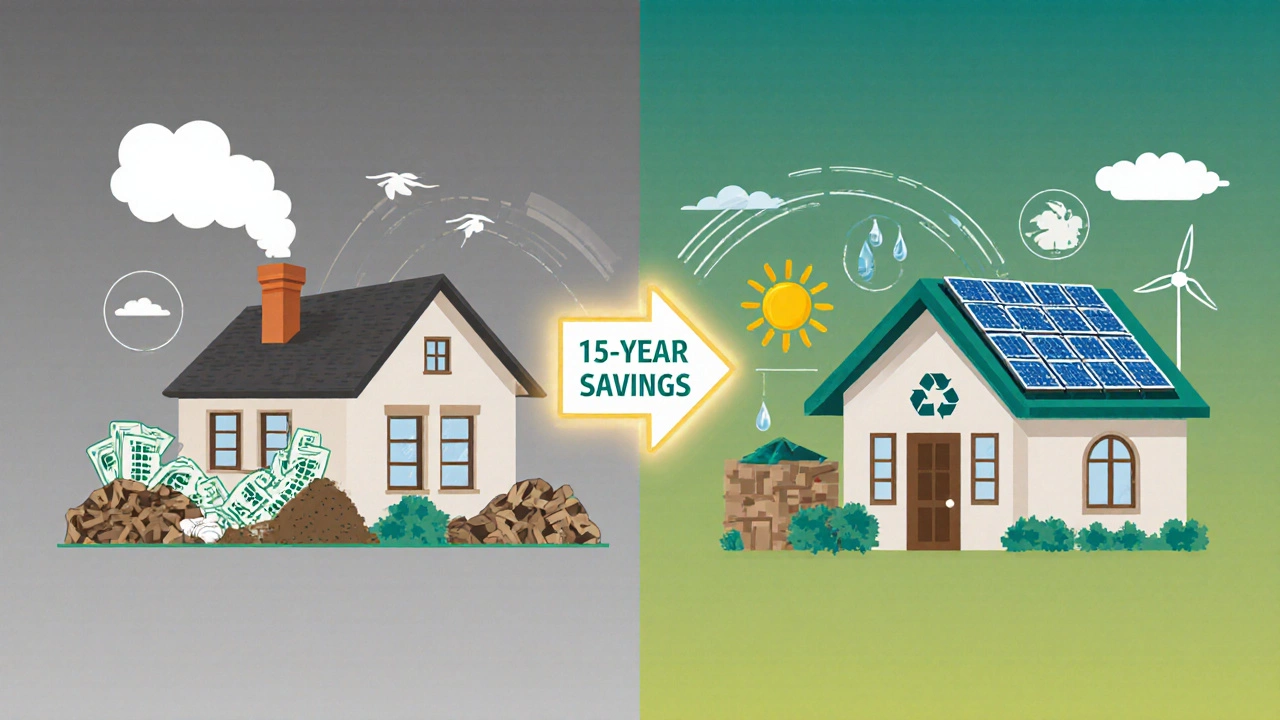 Split visual comparing wasteful conventional home to sustainable home with renewable energy flows.