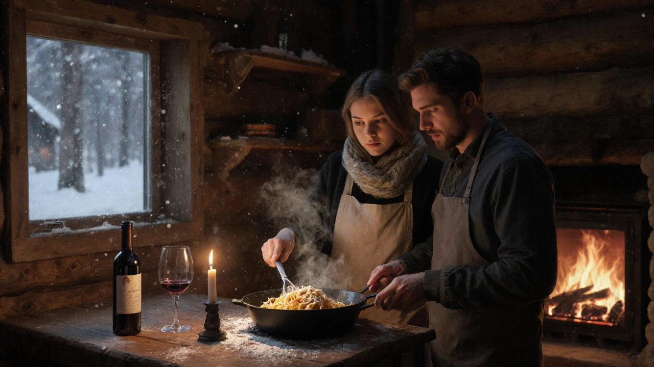 Two people cooking pasta together in a cozy cabin kitchen with candlelight and snow outside.