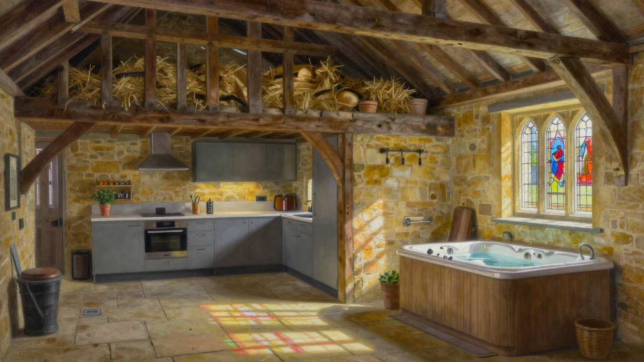A converted stone barn with stained-glass windows and modern kitchen, morning light illuminating wooden beams.