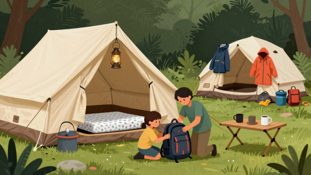 A family unpacking light backpacks at a simple glamping dome, while a messy tent setup with gear lies in the background.