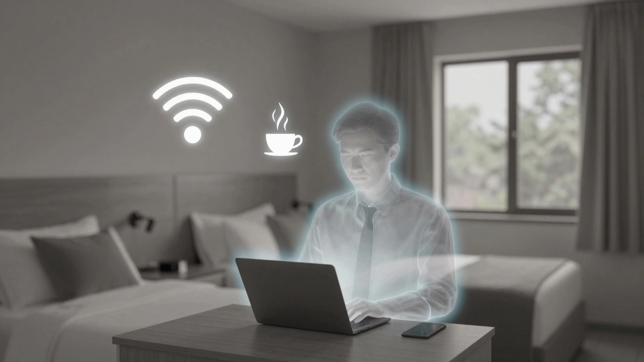A focused traveler surrounded by symbols of productivity and calm in a quiet, soundproofed hotel room.