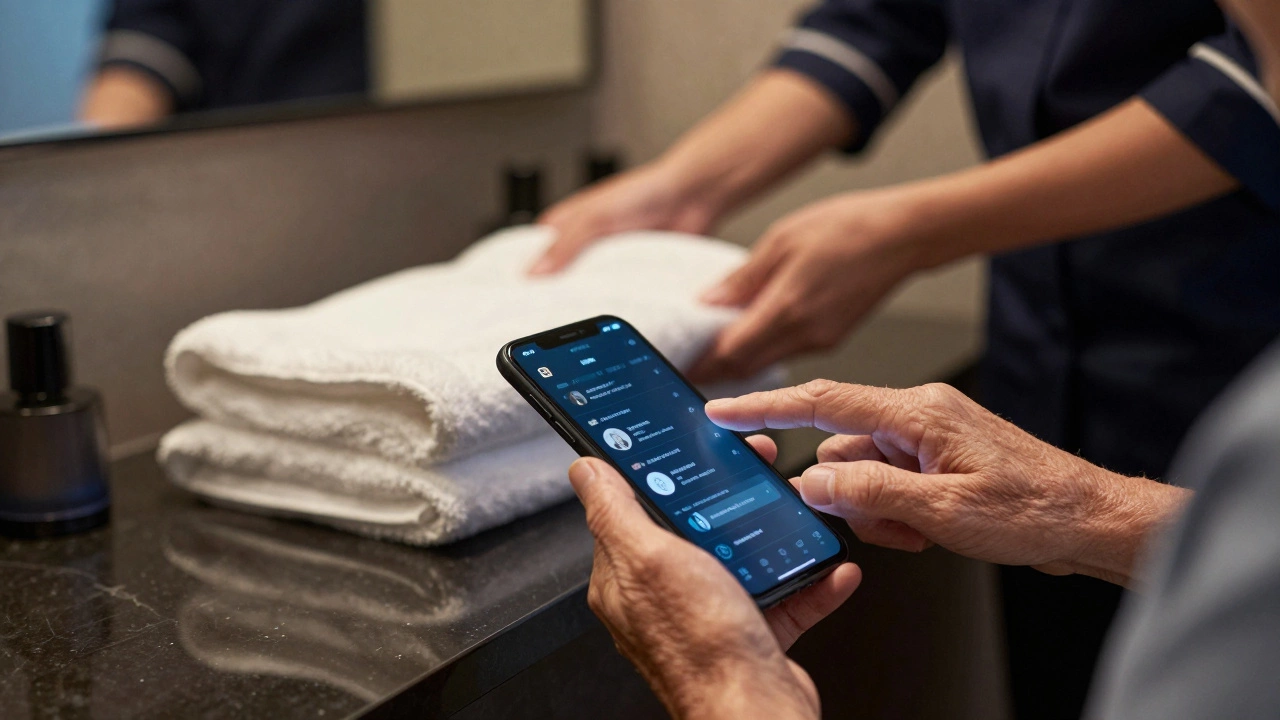 A guest's hand interacting with a subtle app interface as staff quietly enhance the room experience.