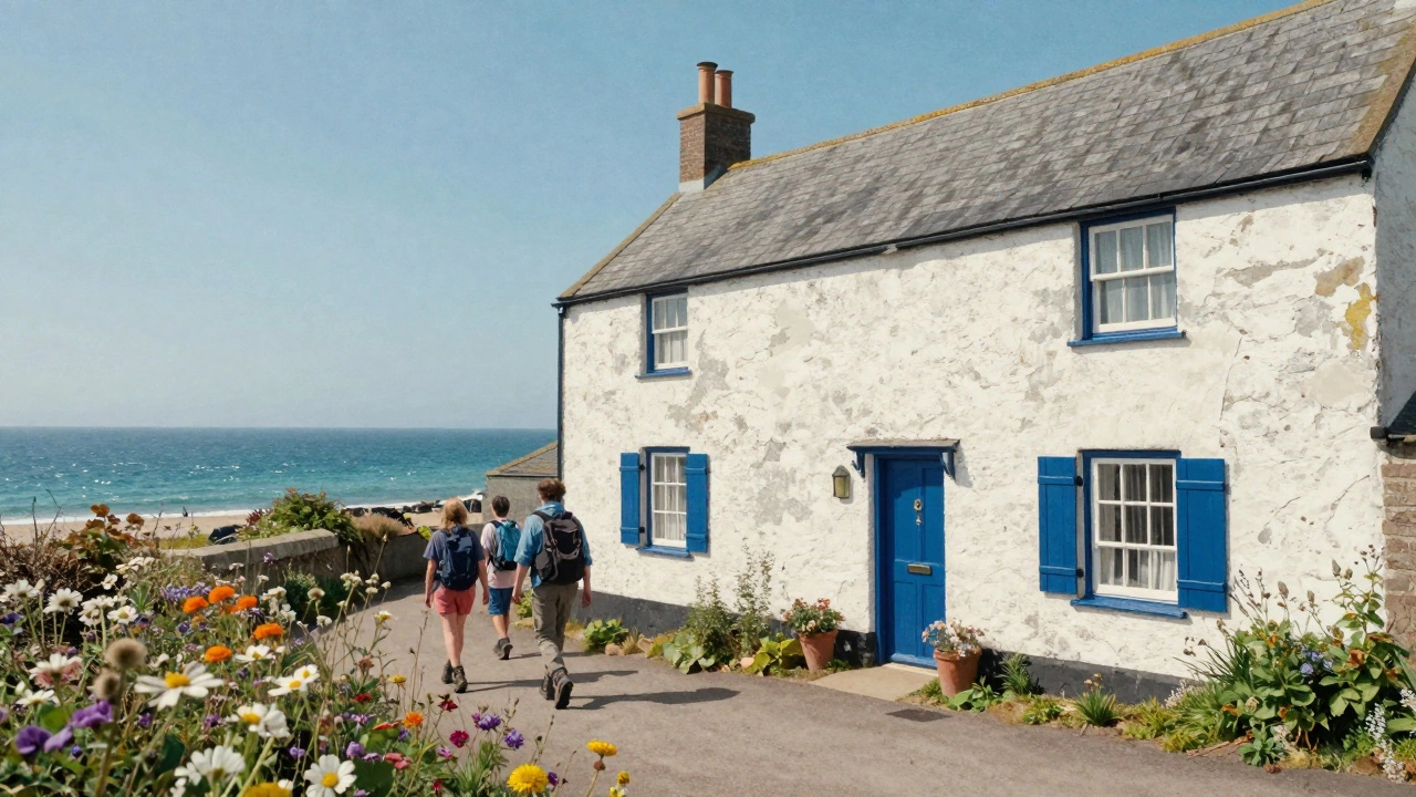 A historic Cornwall seaside cottage with wildflowers and a family approaching, ocean in the background.