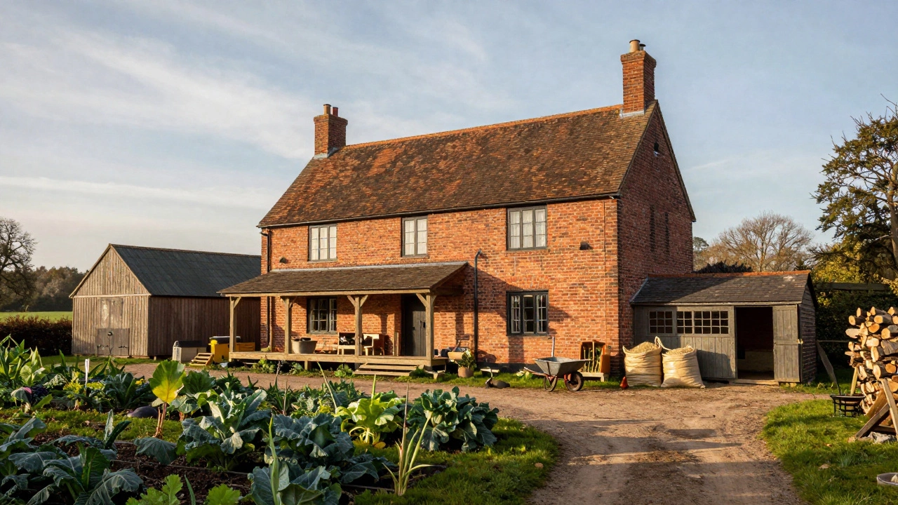 A large brick farmhouse with barn and outbuildings, set on productive farmland under golden sunlight.
