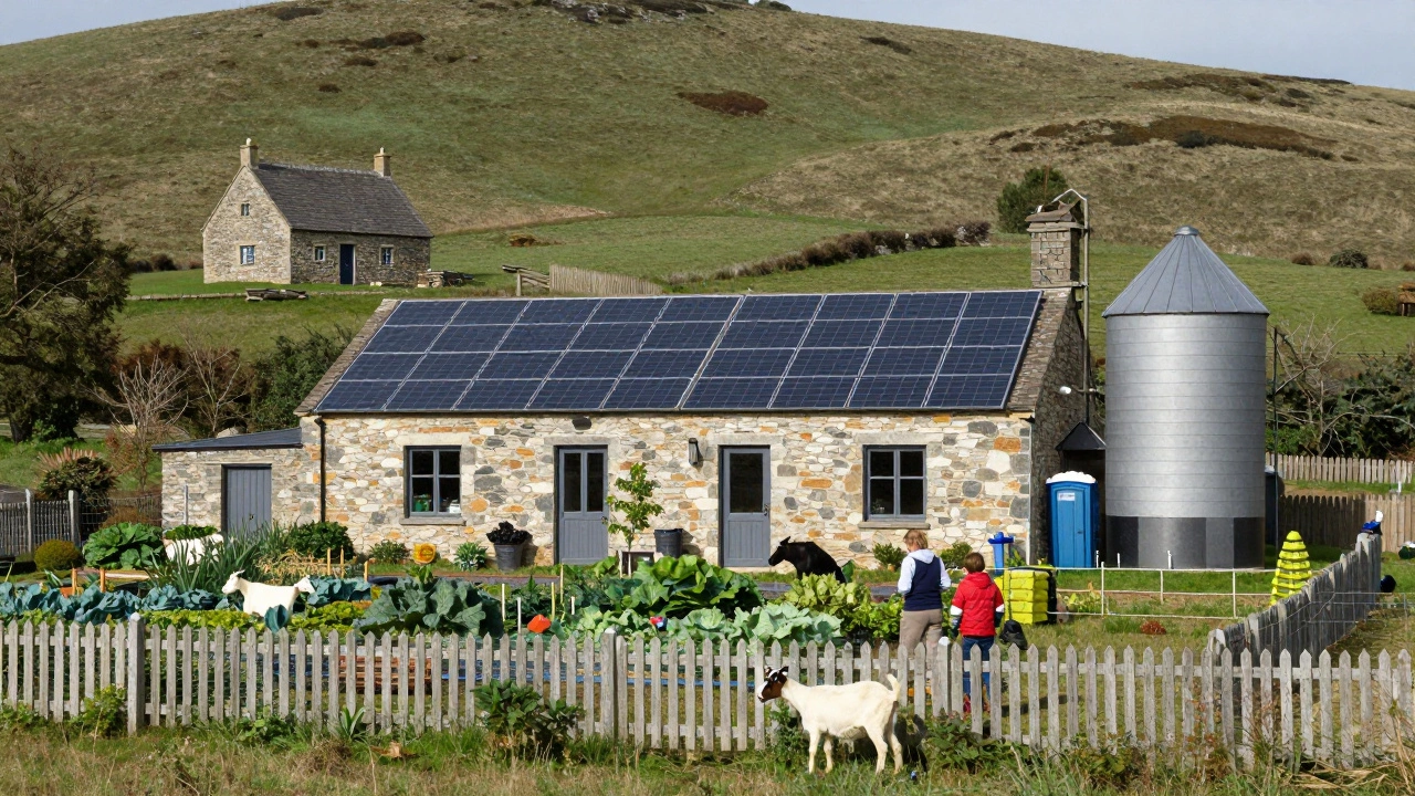 A modern farmhouse with solar panels and goats, beside a distant small cottage, showing functional vs. decorative rural living.