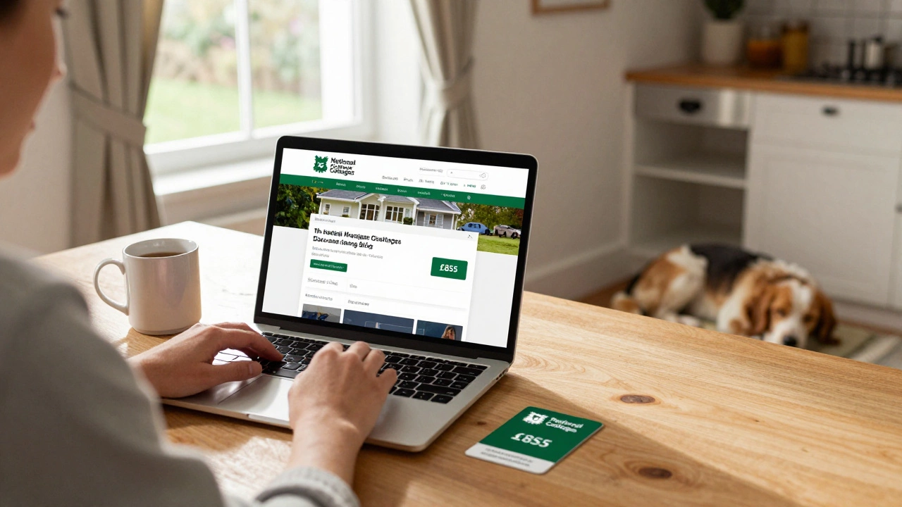 A National Trust member booking a discounted cottage online with a membership card and dog on the kitchen table.