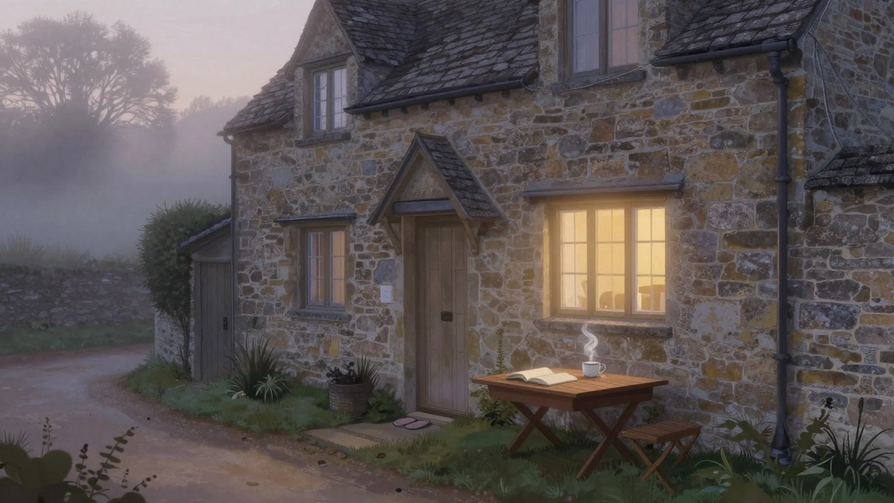 A peaceful Cotswolds cottage at dawn with a teacup and book on a table, no toys or family items.