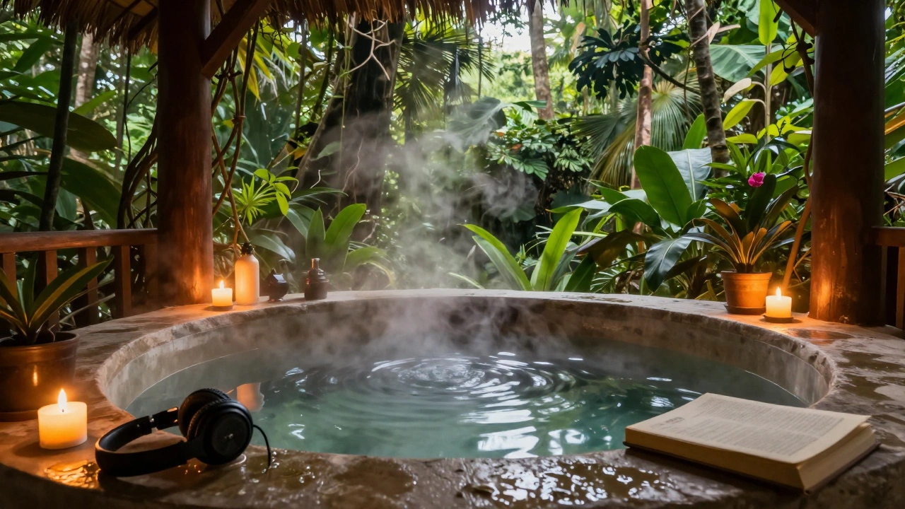 A secluded jungle spa tub with candles and a book, steam rising, no electronics in sight.