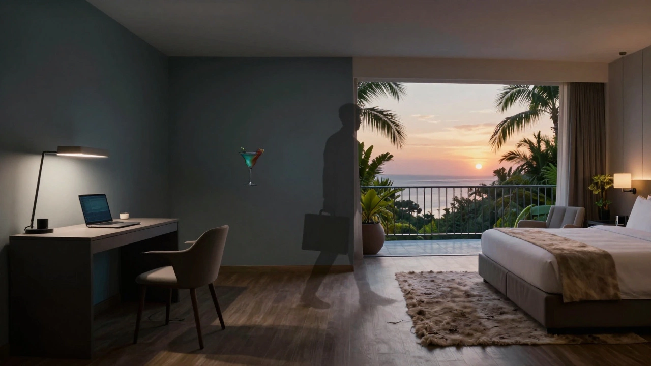 A split image contrasting a work-focused hotel room with a luxurious resort suite.