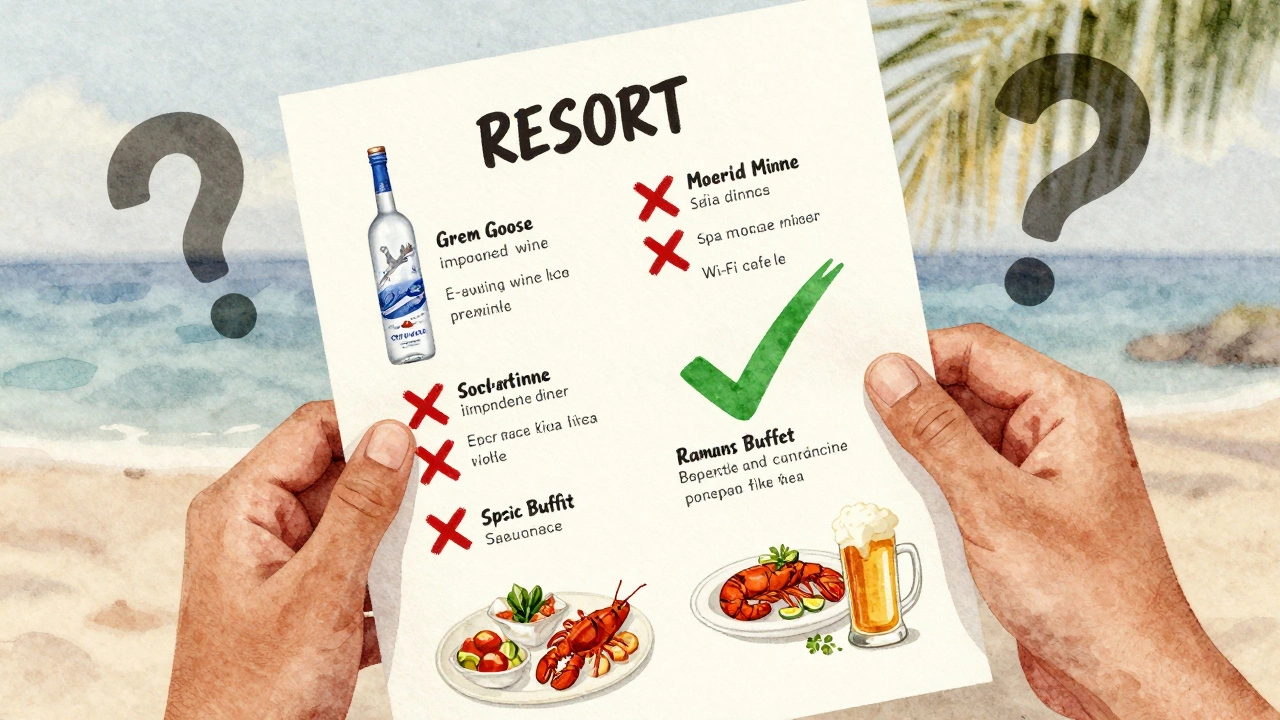 A traveler examining a resort menu with premium items marked as extra cost, surrounded by question marks.