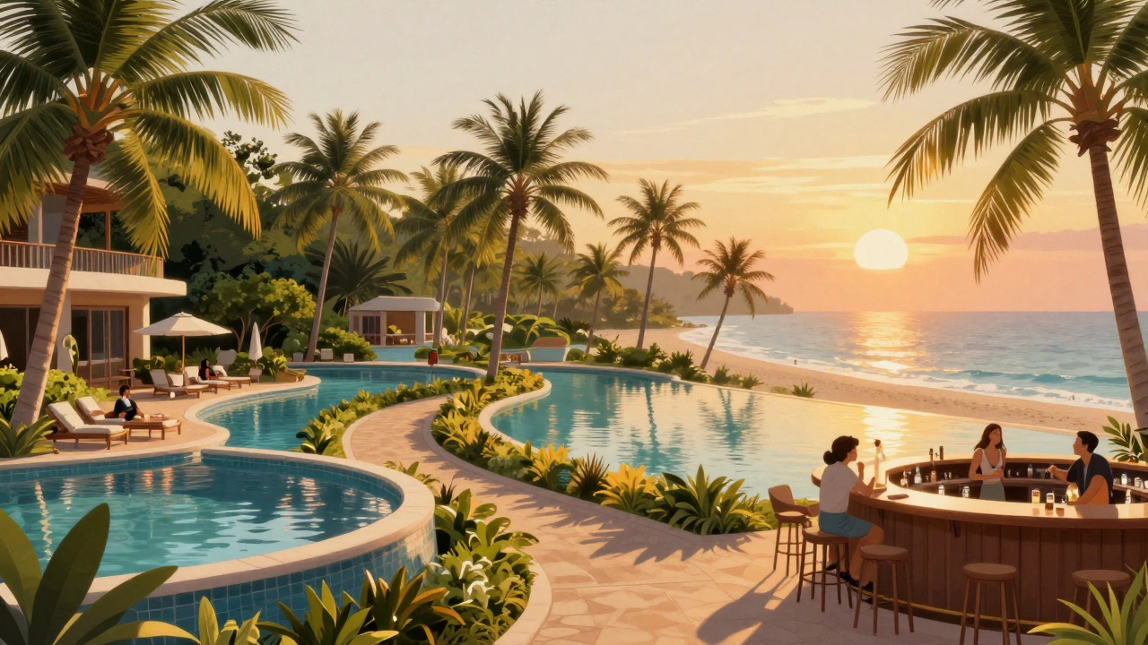 A tropical resort at sunset with guests relaxing by pools and a beachside bar.