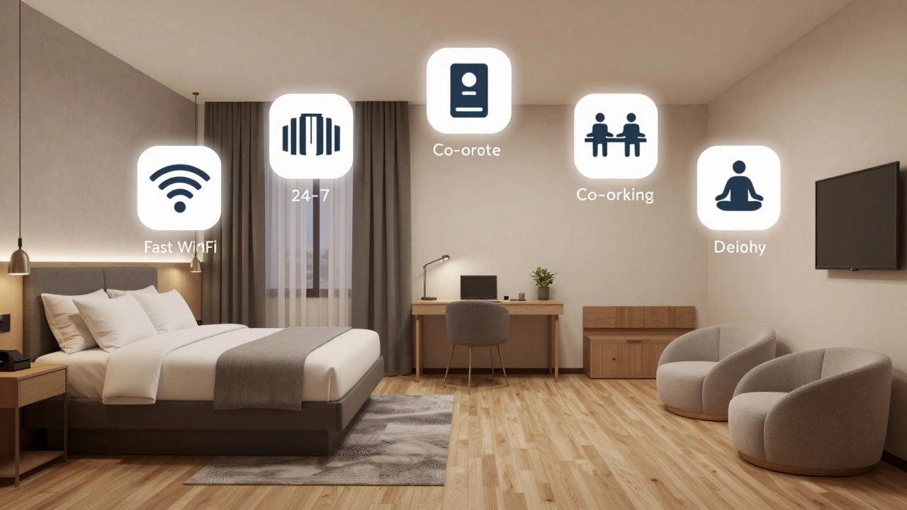 Abstract representation of a business hotel supporting work, rest, and productivity through key features.