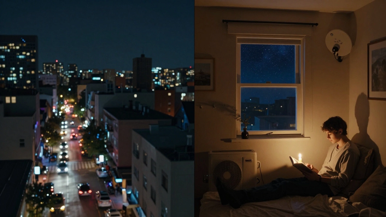 Contrast between busy city life and quiet cottage living under a starry night sky.