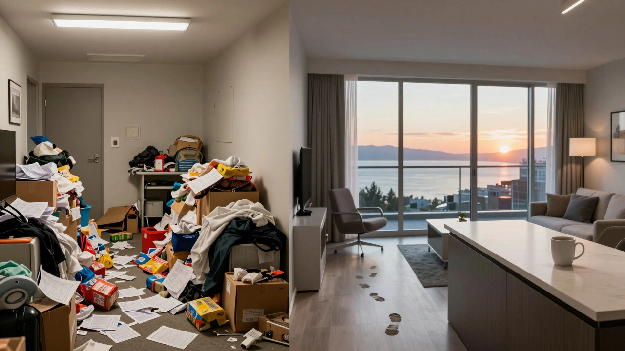 Contrast between cluttered city apartment and serene all-inclusive suite with ocean view.