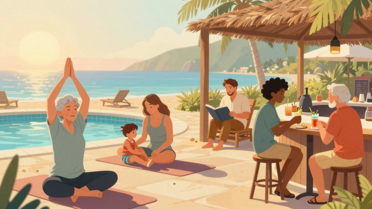 Diverse group of long-term guests enjoying yoga, pool time, and drinks at a resort.