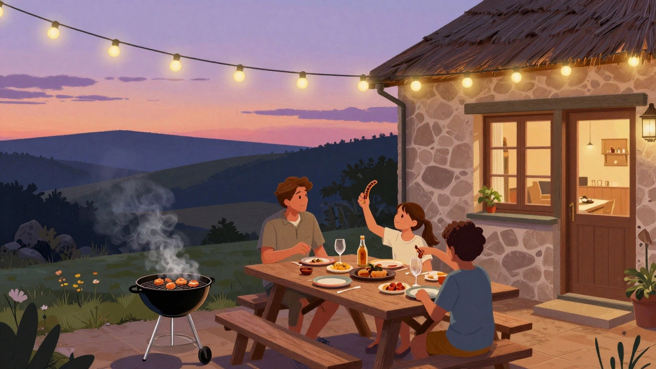 Family enjoying grilled food on a cottage patio at sunset with string lights and hills in background.