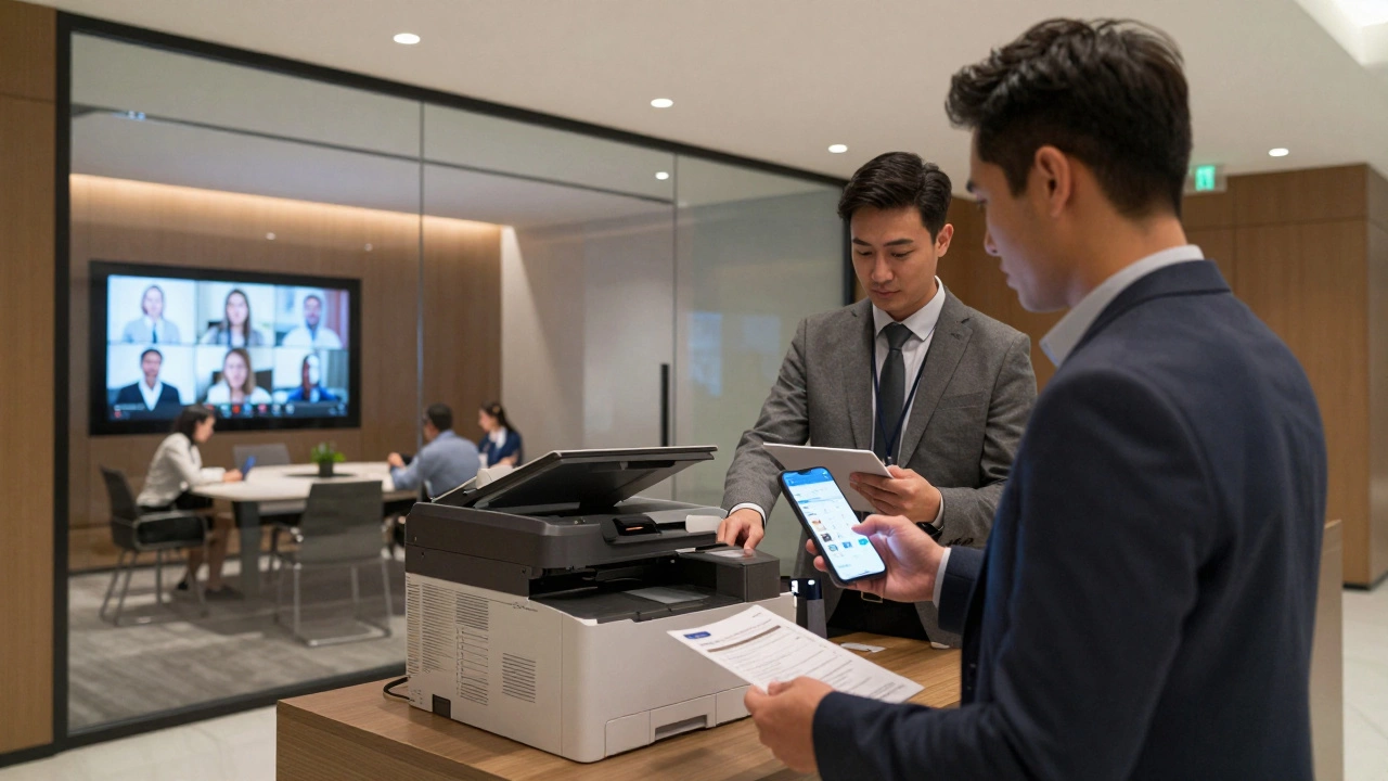 Guest checking in via mobile app while staff assists with printing in a modern hotel business center.