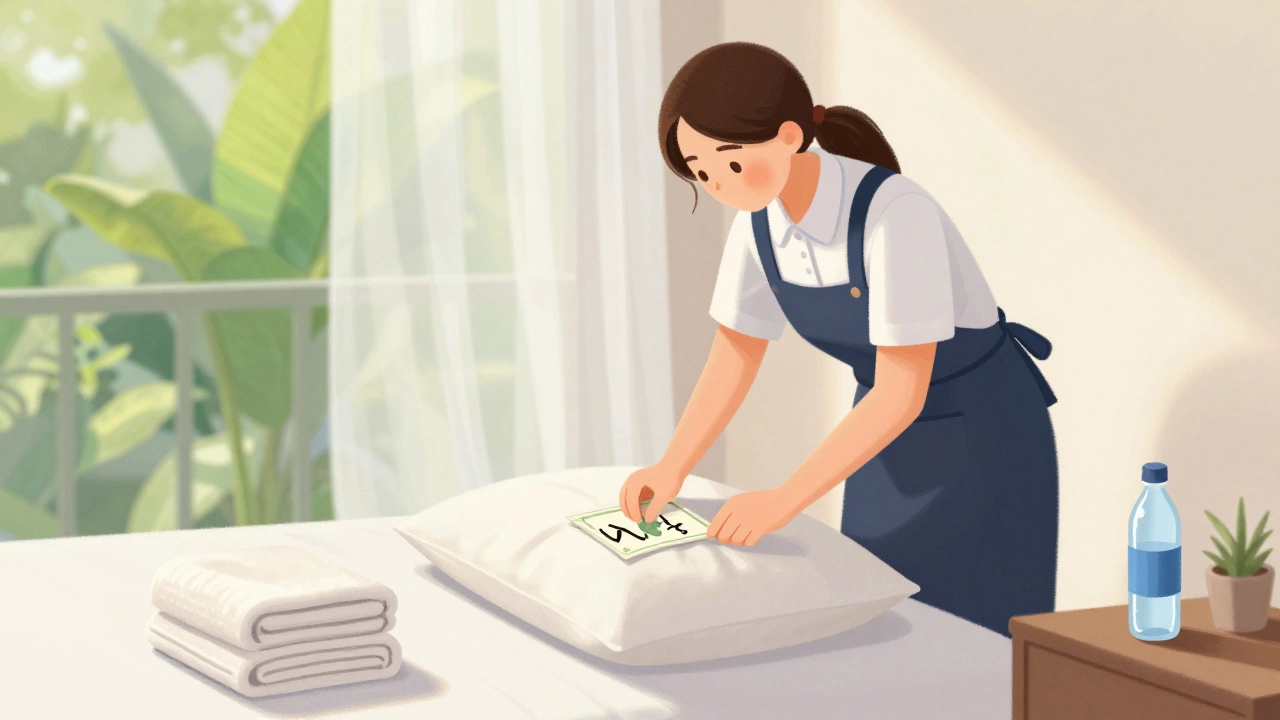 Housekeeper discovering a thank-you note and tip on a resort bed.