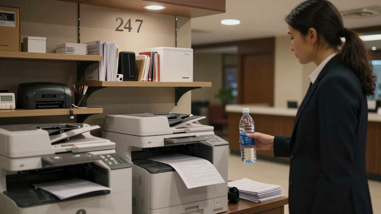 Late-night business center with traveler printing documents and staff offering water and charger.