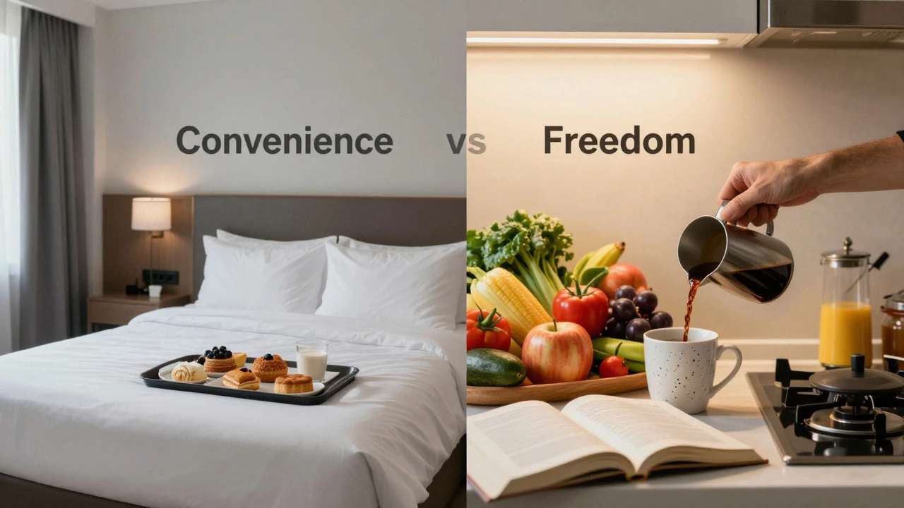 Split image contrasting sterile hotel breakfast with vibrant self-catering kitchen.