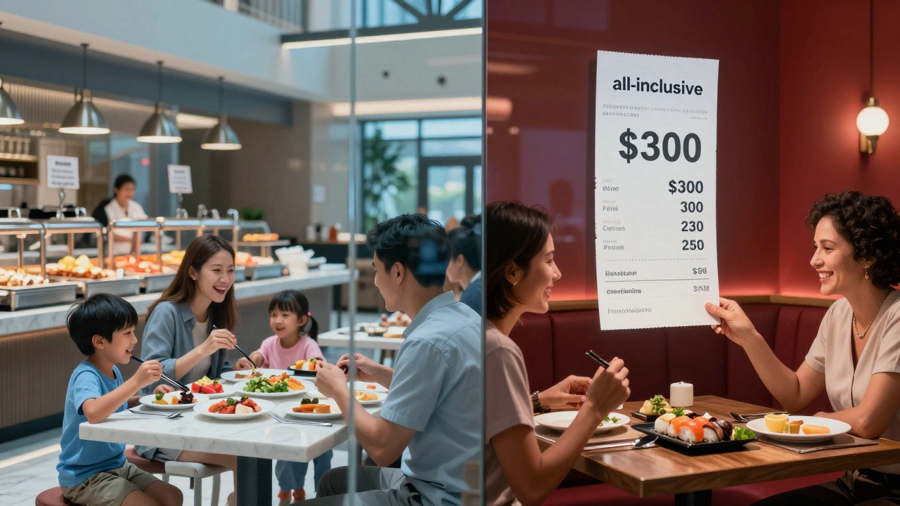 Split scene showing a family at a free buffet on one side and a couple paying extra at a premium restaurant on the other.