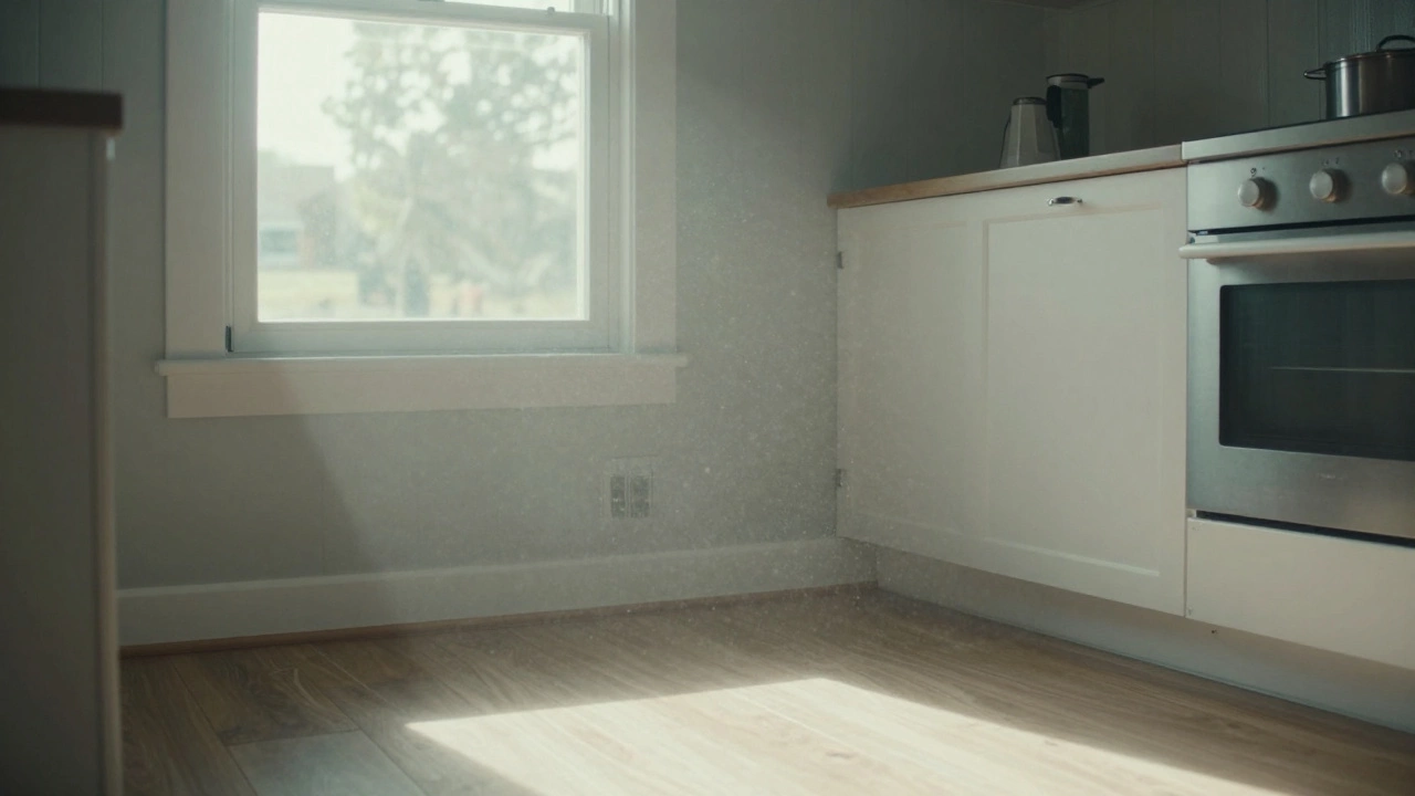 Sunlight revealing toxic particles rising from vinyl flooring in a cottage kitchen.