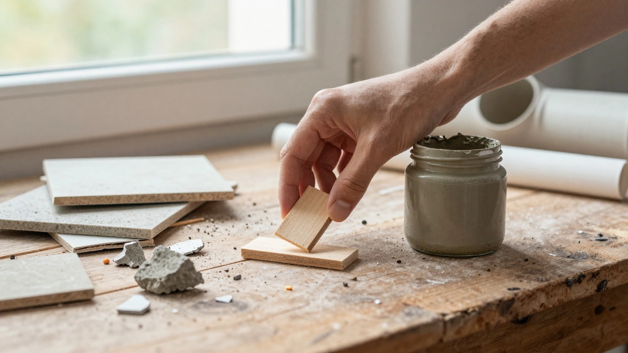 Sustainable building materials placed beside discarded hazardous construction waste.