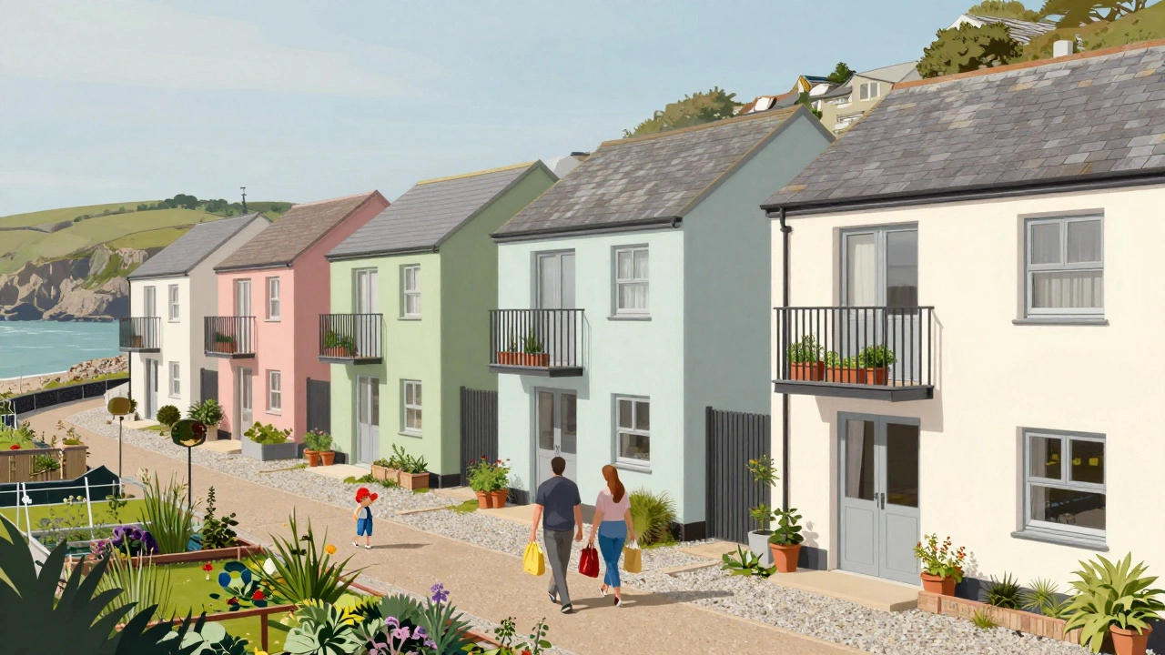 Three pastel-colored self-catering units in a coastal village with shared garden and couple carrying groceries.
