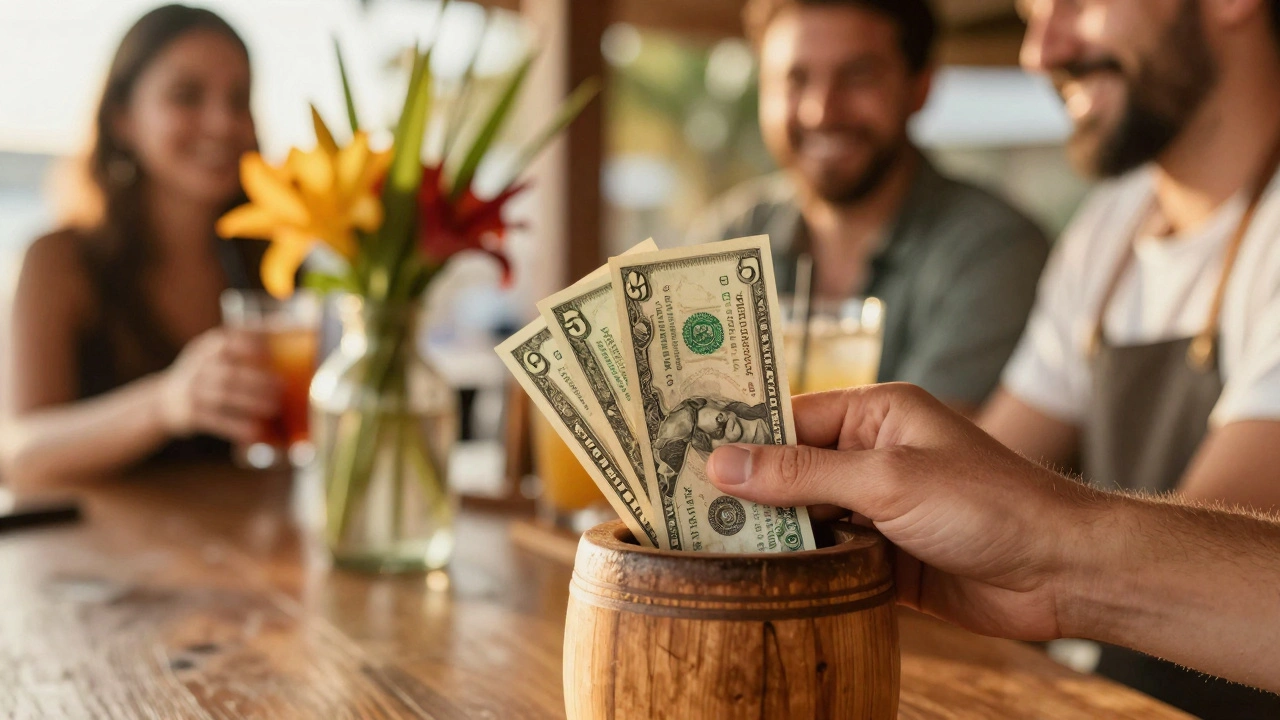 Tip jar filled with cash beside a bar, staff blurred in the background.