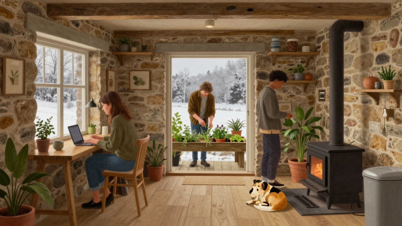 Young adults living simply in a small cottage, working, gardening, and relaxing by the wood stove.