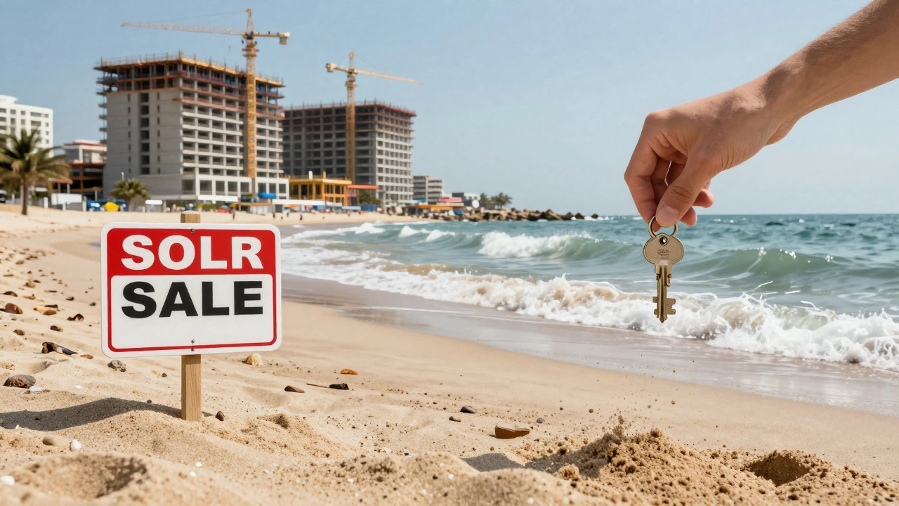 A for-sale sign half-buried in eroding sand as waves encroach, with a luxury resort in the background.