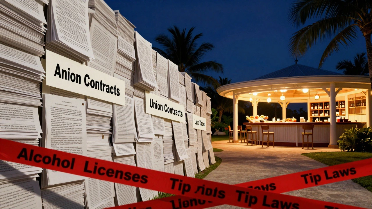 A wall of legal documents blocks access to a luxury American resort, while a Caribbean resort shines beyond.
