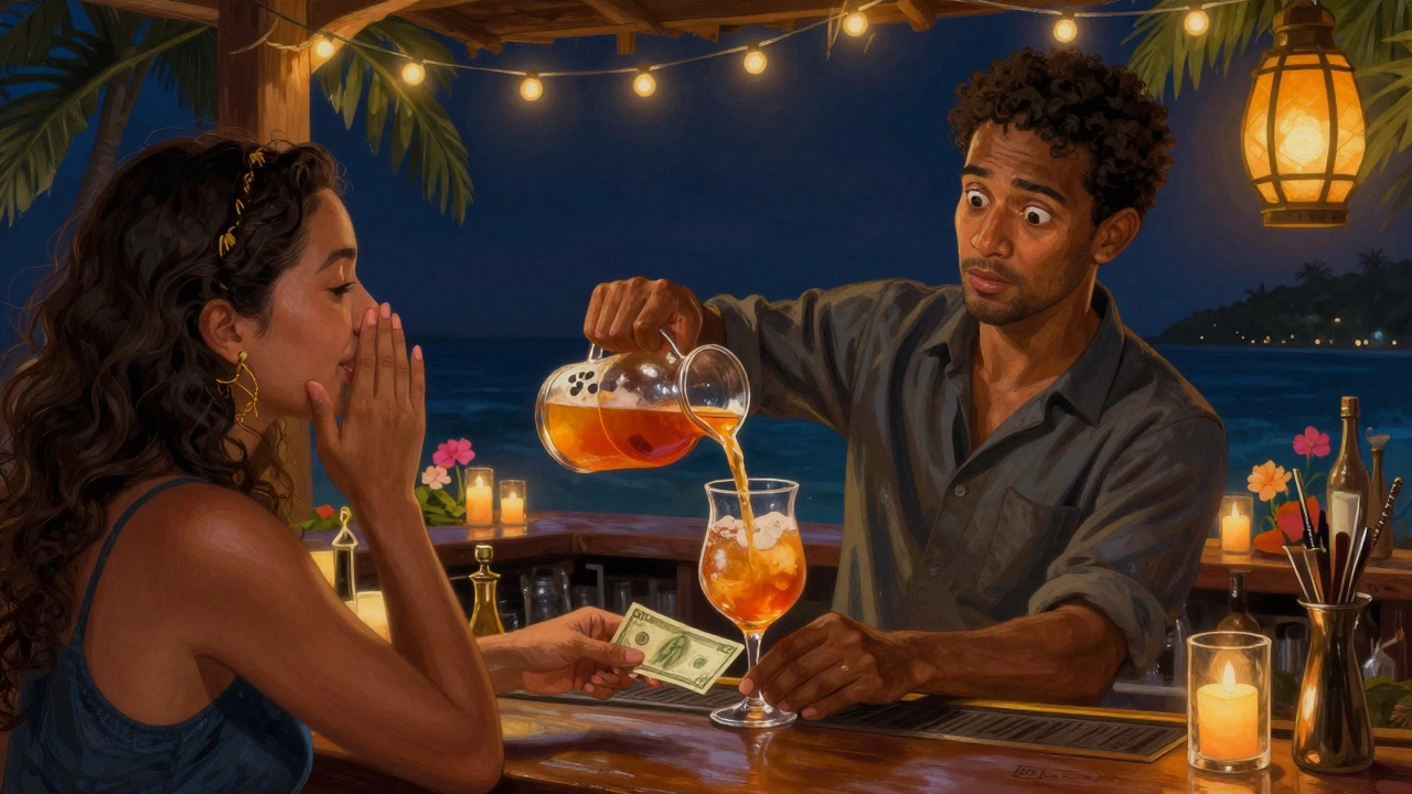 Bartender receives  tip from guest during a surprise proposal setup with candles and lanterns.