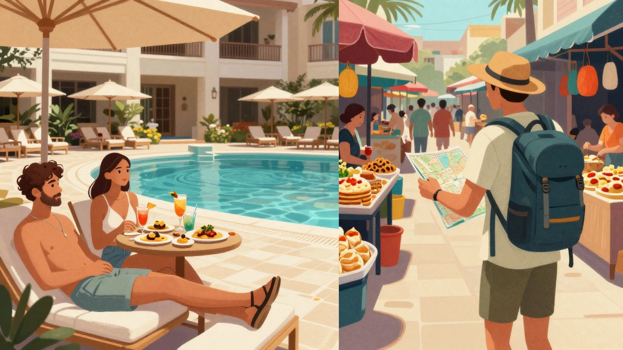 Contrasting scenes of all-inclusive resort relaxation versus local market exploration.