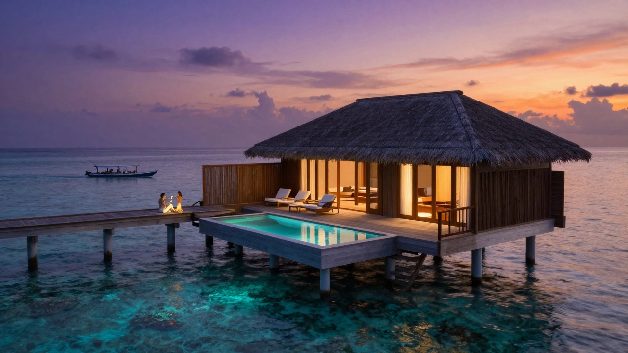 Couple enjoying a private overwater villa in the Maldives at twilight with coral reefs visible beneath the glass floor.