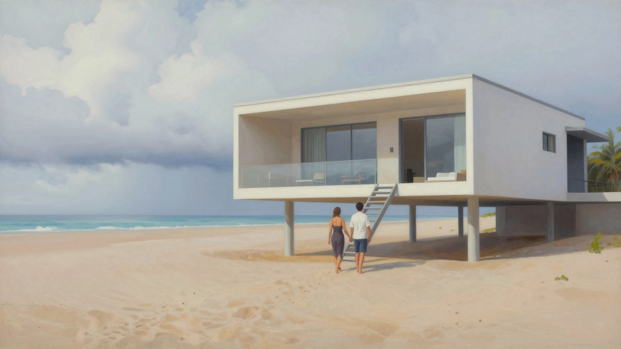 Couple walking on empty sand at dawn from an elevated beach house, with ocean and sky stretching endlessly.