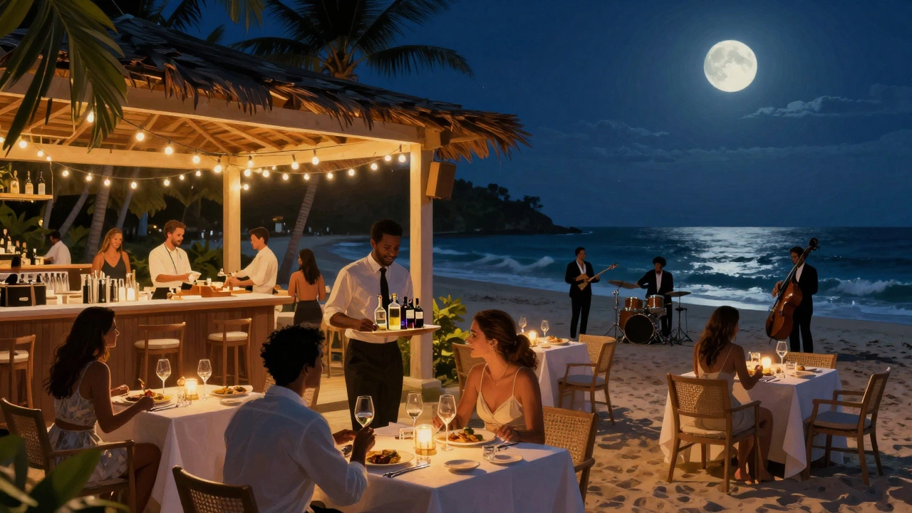 Couples dining under string lights at a luxury Jamaican resort with ocean views.
