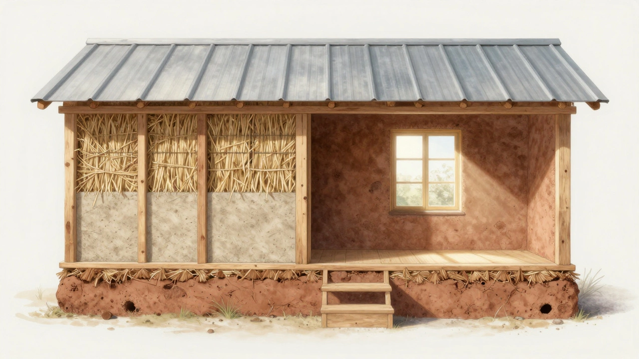 Cross-section of eco-cottage showing sustainable building layers
