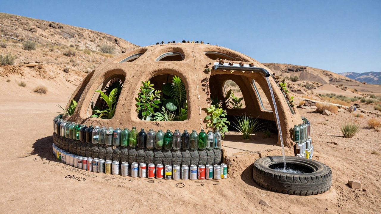 Earthship home made from recycled tires and bottles, with indoor plants growing in curved earth walls.