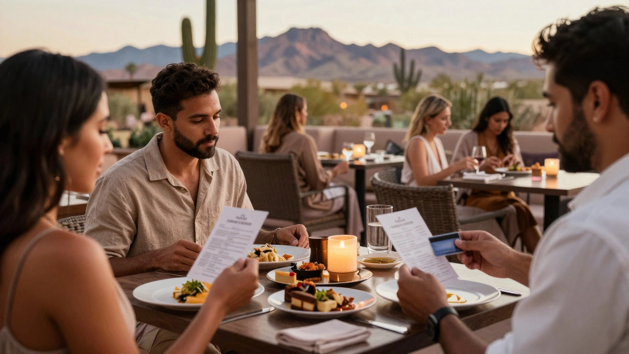 Guests at a US luxury resort selecting from à la carte dining options under desert skies.