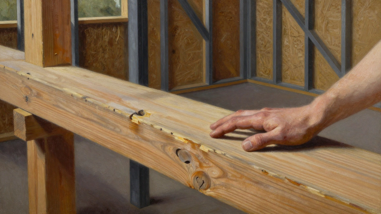 Hand on reclaimed wood plank with steel frame in background