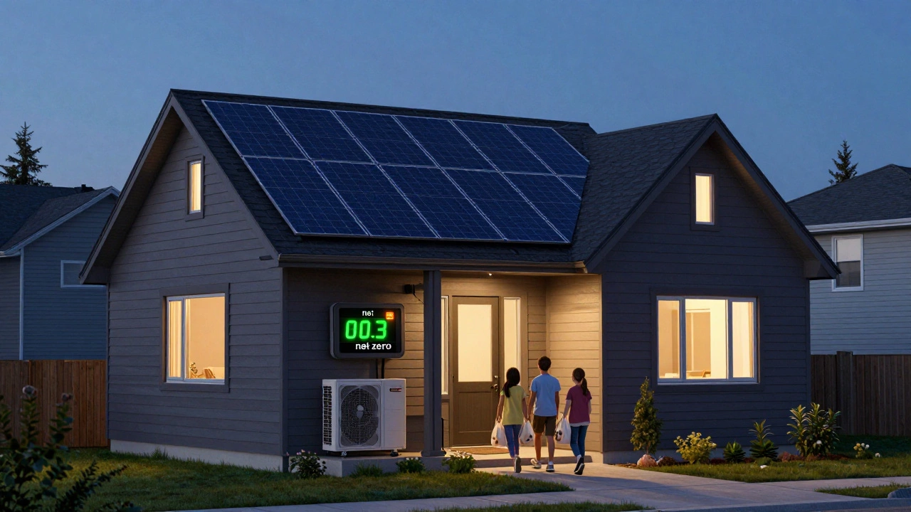 Net Zero Home with solar panels on the roof and glowing windows at dusk, symbolizing energy balance.